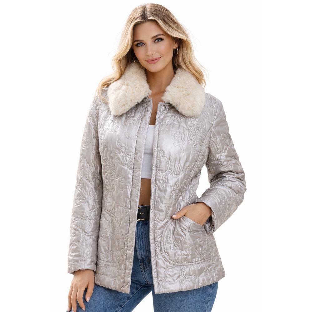 Vtg Y2K Moda Intl Victorias Secret Quilted Jacket S Faux Fur Collar Metallic